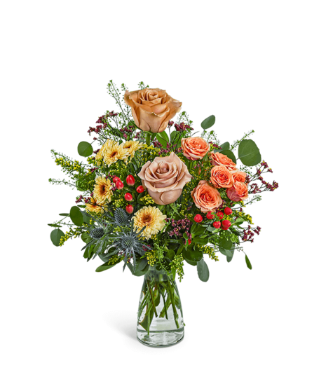 Harvest Whisper fall flower arrangement with seasonal textures and warm autumn tones by The Floratory, local boutique florist in Peoria IL