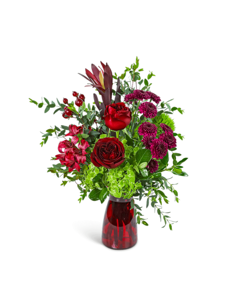 Midnight Merlot fall centerpiece with roses, hydrangea, alstroemeria, mums, safari sunset, and lush greenery in a merlot vase