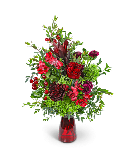 Midnight Merlot fall centerpiece with roses, hydrangea, alstroemeria, mums, safari sunset, and lush greenery in a merlot vase