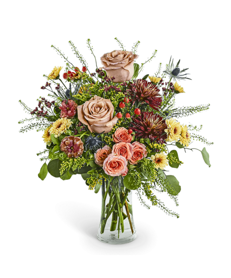 Harvest Whisper fall flower arrangement with seasonal textures and warm autumn tones by The Floratory, local boutique florist in Peoria IL